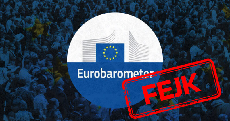 Eurobarometerns logotyp, stämplad med ordet FEJK.