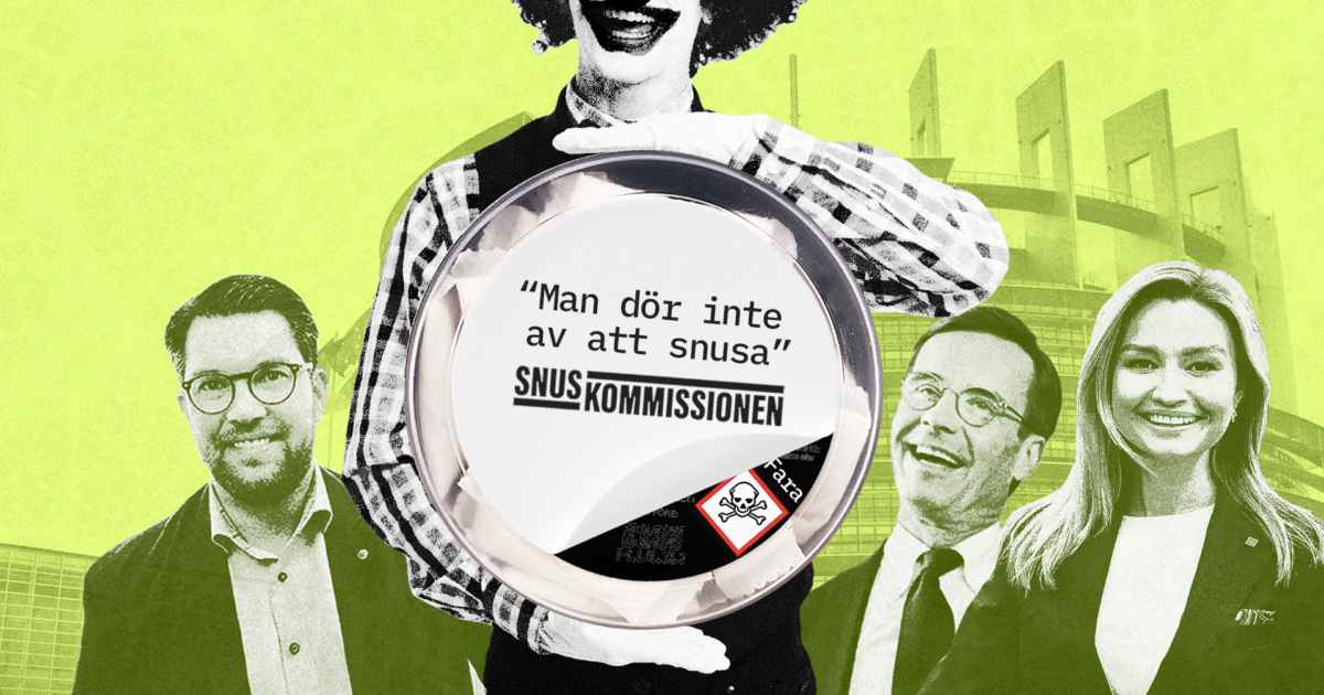 Snuskommissionen, som clown, håller stor snusdosa till partiledare för M, KD och SD med orden "Man dör inte av att snusa"