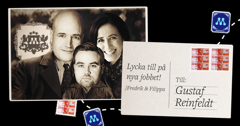 Gustaf Reinfeldt, Fredrik Reinfeldt och Filippa Reinfeldt, och ett grattis tlll nya jobbet-vykort från föräldrarna.