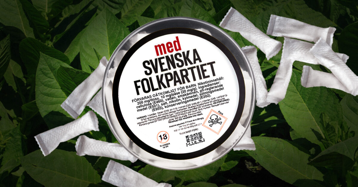 Vitt snus, och snusdosa med texten "Med Svenska Folkpartiet".