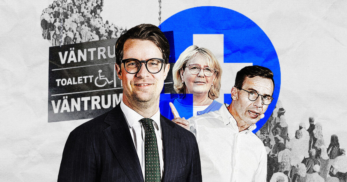 Gustaf Drougge, Ulf Kristersson och Irene Svenonius framför ett vårdkors och en ringlande kö. Kläggets montage.