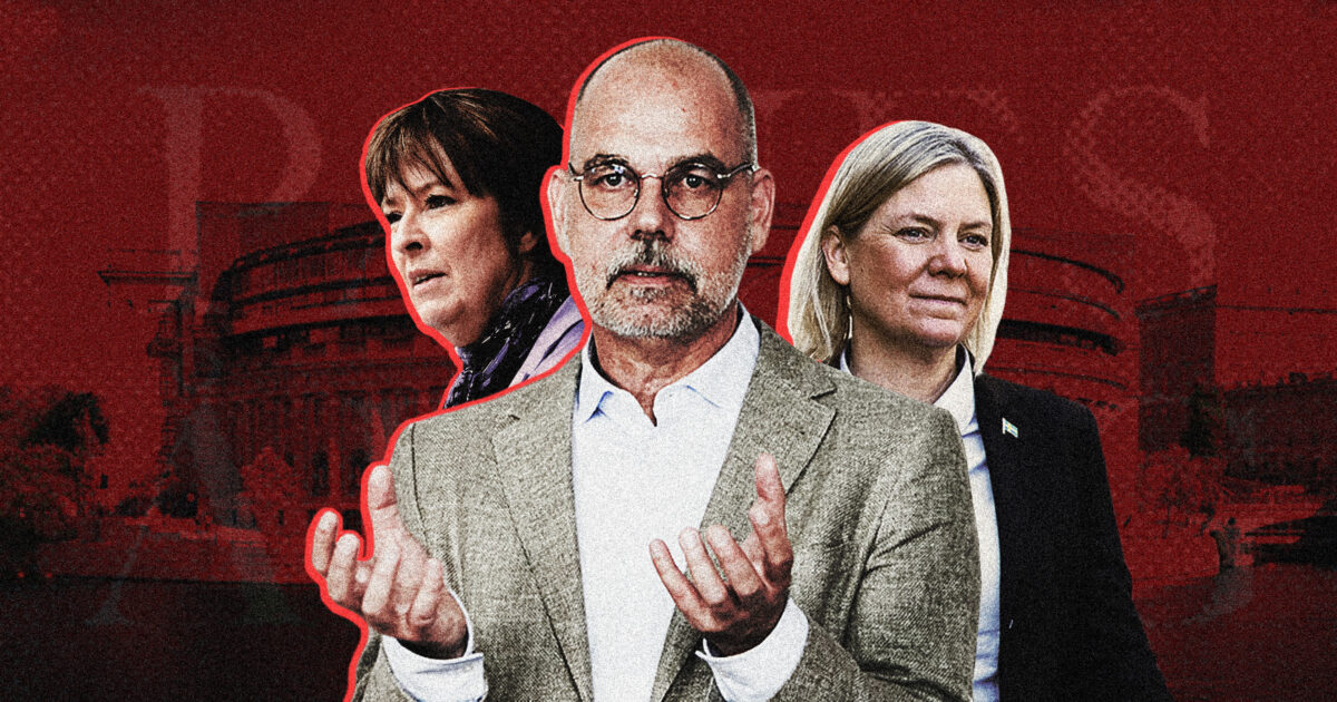 Magdalena Andersson, Mona Sahlin och Stefan Engström. Kläggets montage.