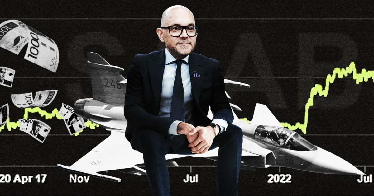 Johan Britz på ett JAS-plan, pengar och SAAB-aktie. Kläggets montage.