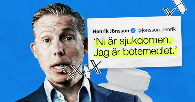 Henrik Jönsson bredvid utdrag av tweet, medicinburk, twitterloggor och tabletter. Kläggets montage.