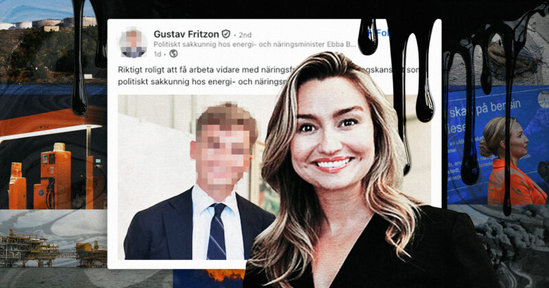 Ebba Busch framför Gustav Fritzons, politiskt sakkunnig och oljelobbyist, Linkedin post. Kläggets montage.