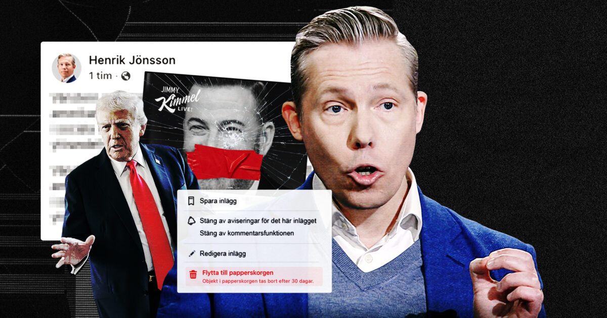 Henrik Jönsson framför ett Facebookinlägg som hyllar Trumps attack på yttrandefriheten
