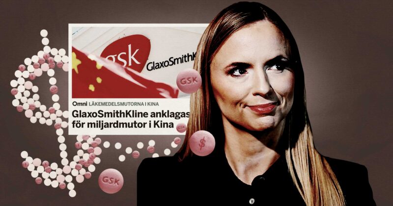 Sara Skyttedal framför rubrik om GSK i mutskandal och piller. Kläggets montage.