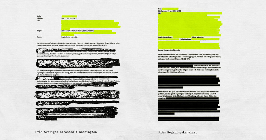 Möteshandlingarna enligt ambassaden och RK. De gula är Kläggets maskning av integritetsskäl.