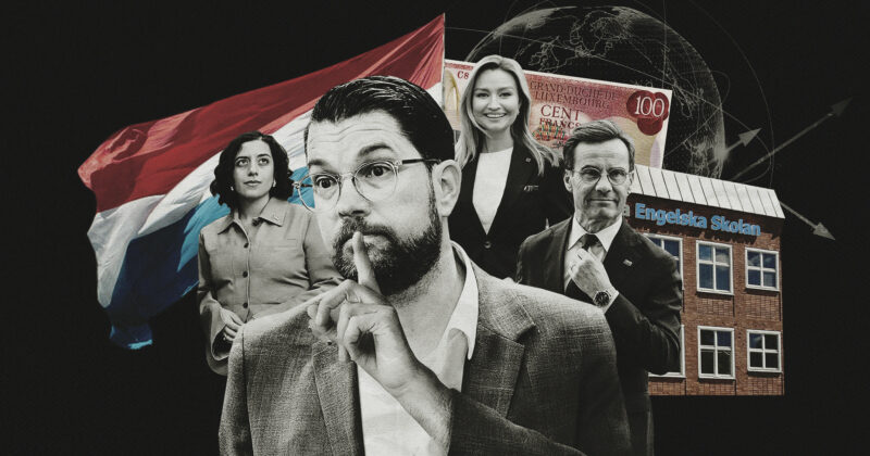 Tidöregeringen, Engelska skolan och Luxemburgs flagga. Kläggets montage.