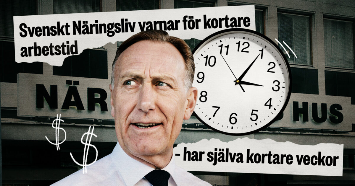 Svenskt näringslivs vd framför Näringslivets hus. Kläggets montage.