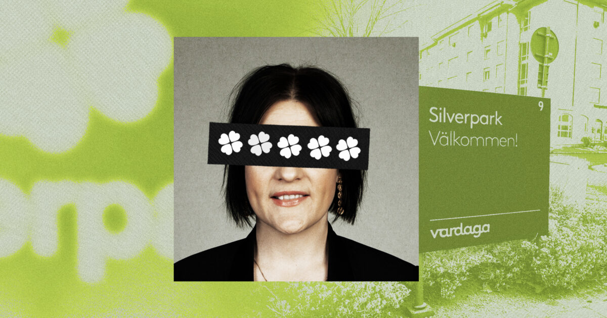 Nilsson framför en Vardagaskylt och Centerpartiets logga. Kläggets montage.