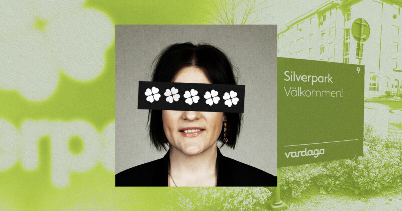 Nilsson framför en Vardagaskylt och Centerpartiets logga. Kläggets montage.