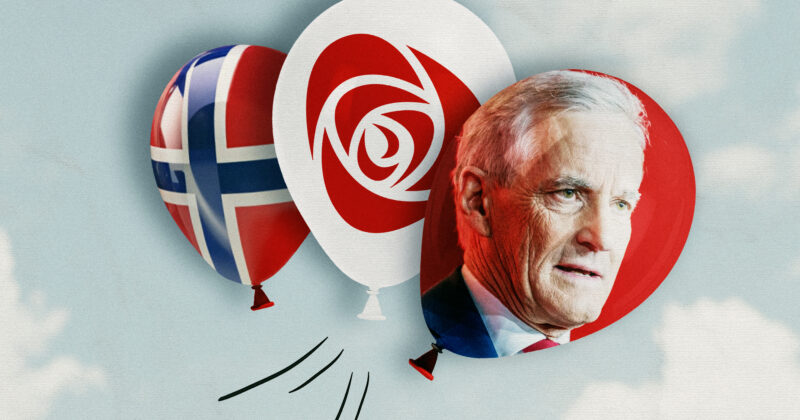 Ballonger med AP:s partiledare, logga och Norges flagga. Kläggets illustration.