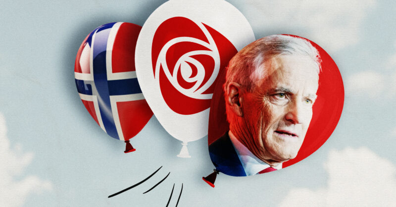 Ballonger med AP:s partiledare, logga och Norges flagga. Kläggets illustration.