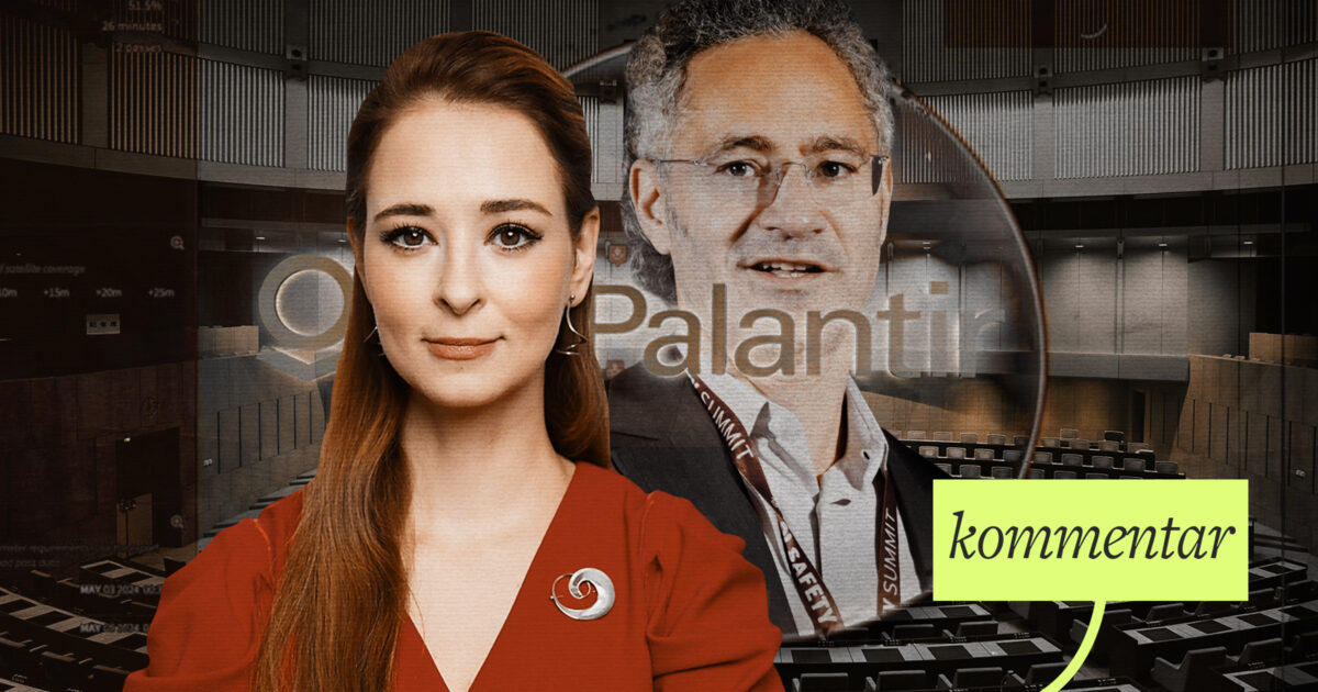 Alice Teodorescu Måwe och Palantirs vd Alex Karp framför Europaparlamentet. Kläggets montage.