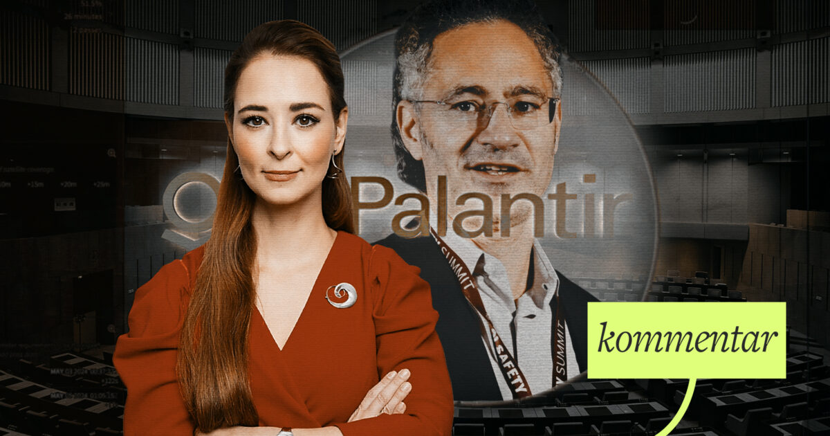 Alice Teodorescu Måwe och Palantirs vd Alex Karp framför Europaparlamentet. Kläggets montage.