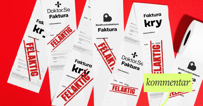 Kvittorulle med Kry, Doktor.se och Blodtrycksdoktorns loggor som stämplats med "Felaktig". Kläggets illustration.