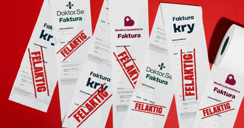 Felaktiga fakturor med Blodtrycksdoktorn, Doktor.se och Krys loggor. Kläggets montage.