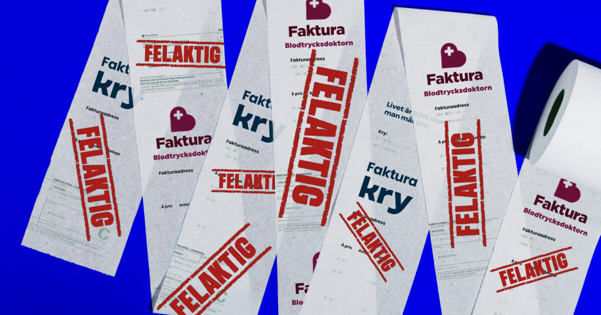 Felaktiga fakturor med Blodtrycksdoktorn och Krys loggor. Kläggets montage.
