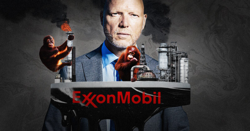 Jörgen Warborn (M), med oljeborrtorn, organutanger och Exxon Mobiles logga. Kläggets montage.