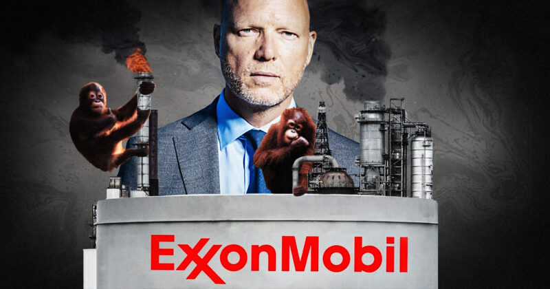 Jörgen Warborn (M), med oljeborrtorn, organutanger och Exxon Mobiles logga.