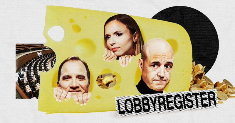 Ordet "lobbyregister" och en gigantisk schweizerost med stora hål där lobbyisterna Löfven, Reinfeldt och Skyttedal gömmer sig.