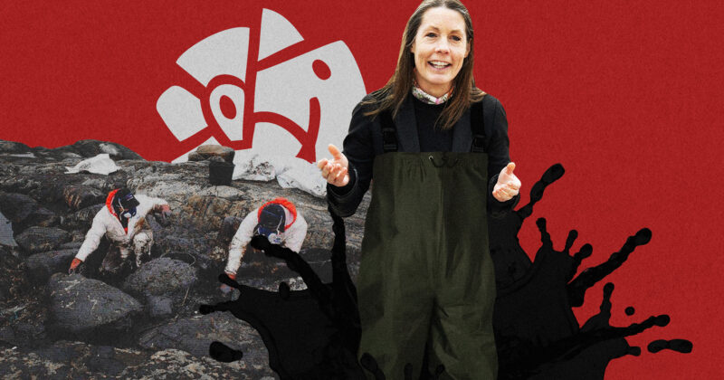 Socialdemokrat och tidigare oljelobbyist framför oljeläckage på halländska västkusten. Kläggets montage.