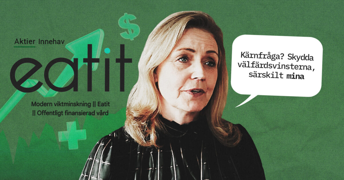 Bilden föreställer Elisabeth Thand Ringqvist framför Eatits logga.