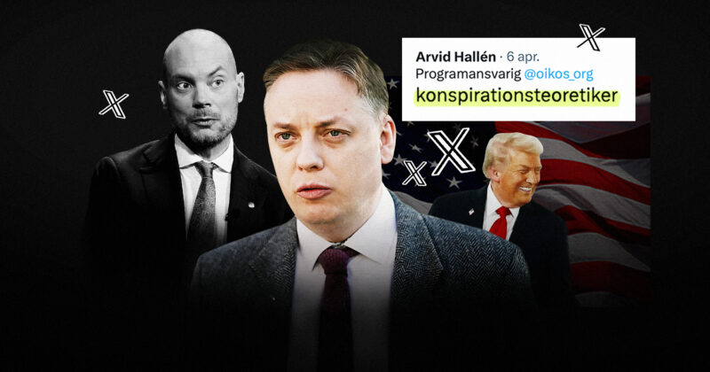 Oikos Arvid Hallén framför sin tweet förgrunden, Martin Kinnunen (SD) och Donald Trump i bakgrunden. Kläggets montage.