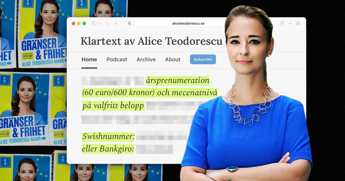 Alice Teodorescu Måwe framför en bild från hennes blogg där hon ber om mecenater