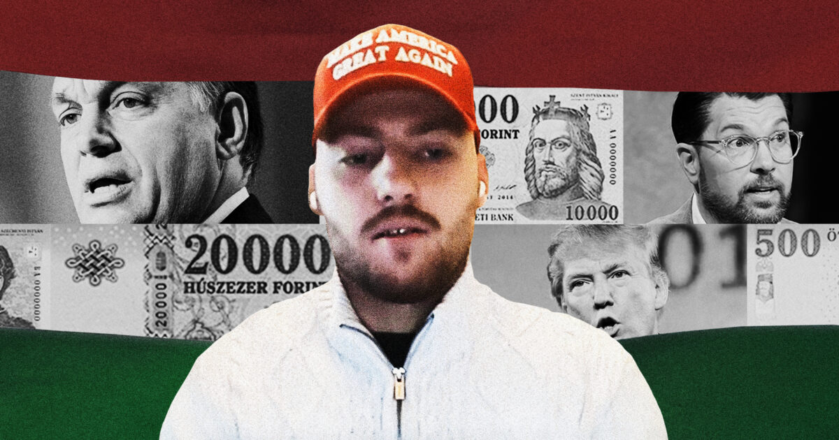 Markus Johansson-Martis framför ungersk flagga och montage med Orban och Åkesson