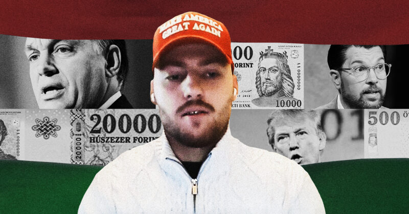 Markus Johansson-Martis framför ungersk flagga och montage med Orban och Åkesson