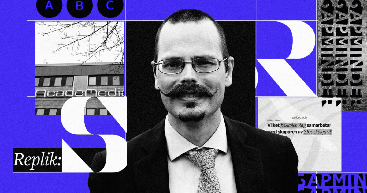 Max Andersson, framför ett kollage med logos för SR och Gapminder, och bild på en Academedia-skola och SR:s enkätfråga om friskolor