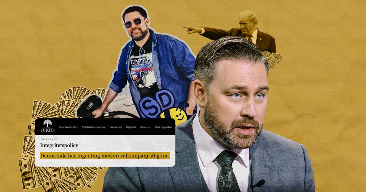 Mattias Karlsson (SD), med Jimmie Åkesson och Trump i bakgrunden och det framhävda citatet 'Denna sida har ingenting med en valkampanj att göra.'