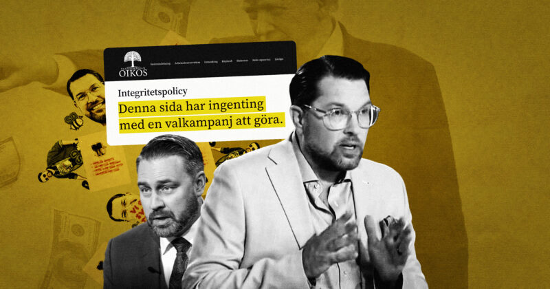 Mattias Karlsson (SD), med Jimmie Åkesson och Trump i bakgrunden och det framhävda citatet 'Denna sida har ingenting med en valkampanj att göra.'