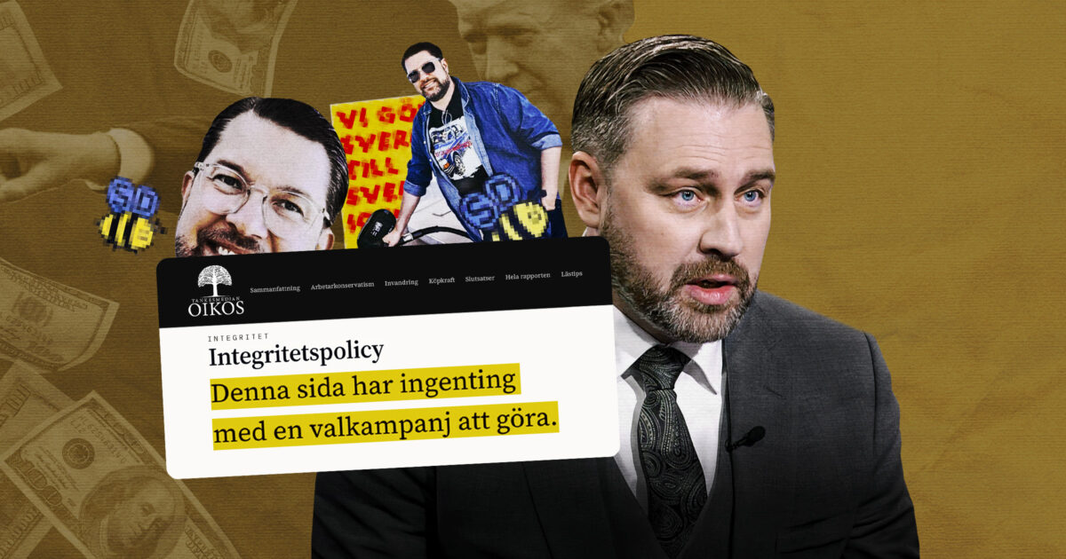 Mattias Karlsson (SD), med Jimmie Åkesson och Trump i bakgrunden och det framhävda citatet 'Denna sida har ingenting med en valkampanj att göra.'