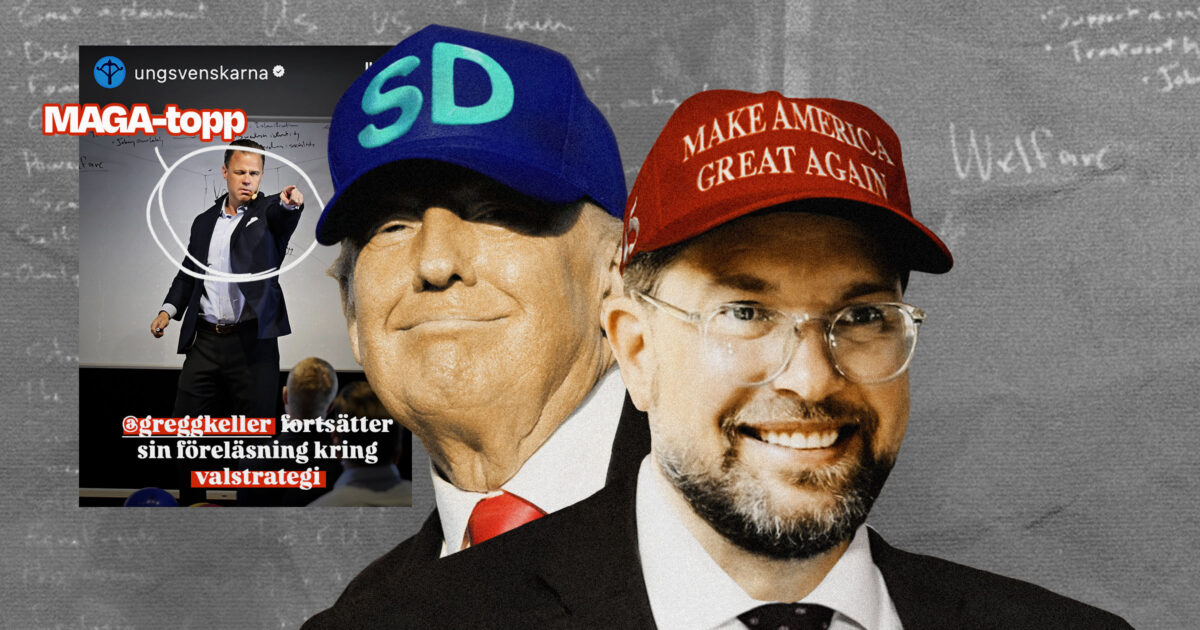 Gregg Keller i bakgrunden. Trump och Åkesson i kepsar framför.