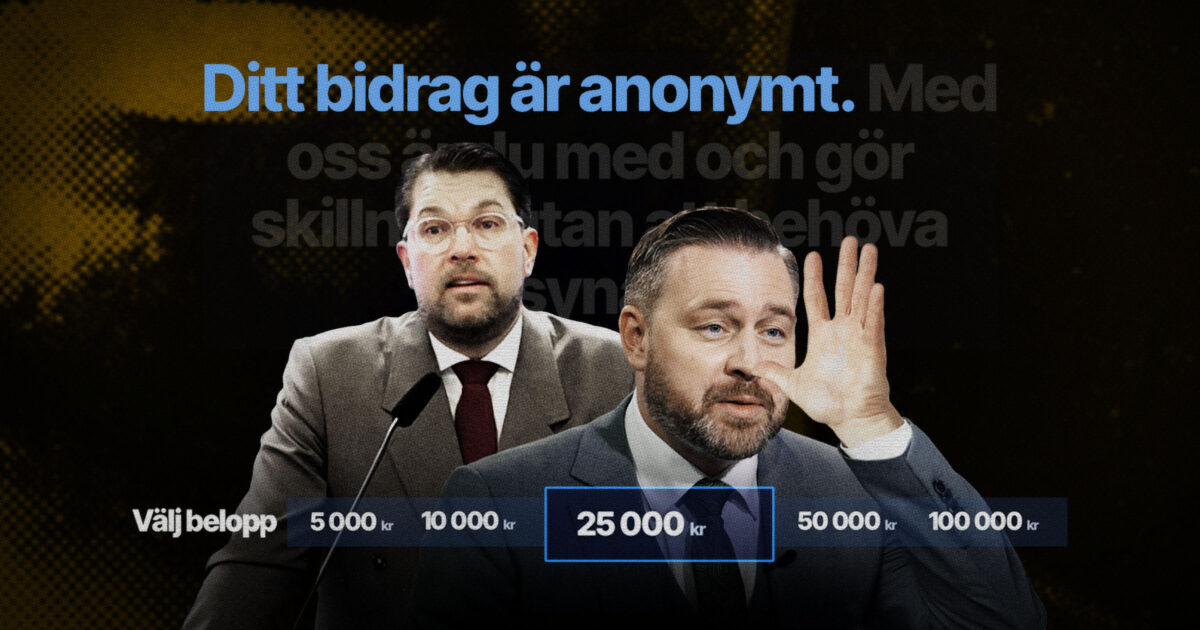 Mattias Karlsson och Jimmie Åkesson (SD) framför en skärmdump från Oikos donationssida. Kläggets montage.