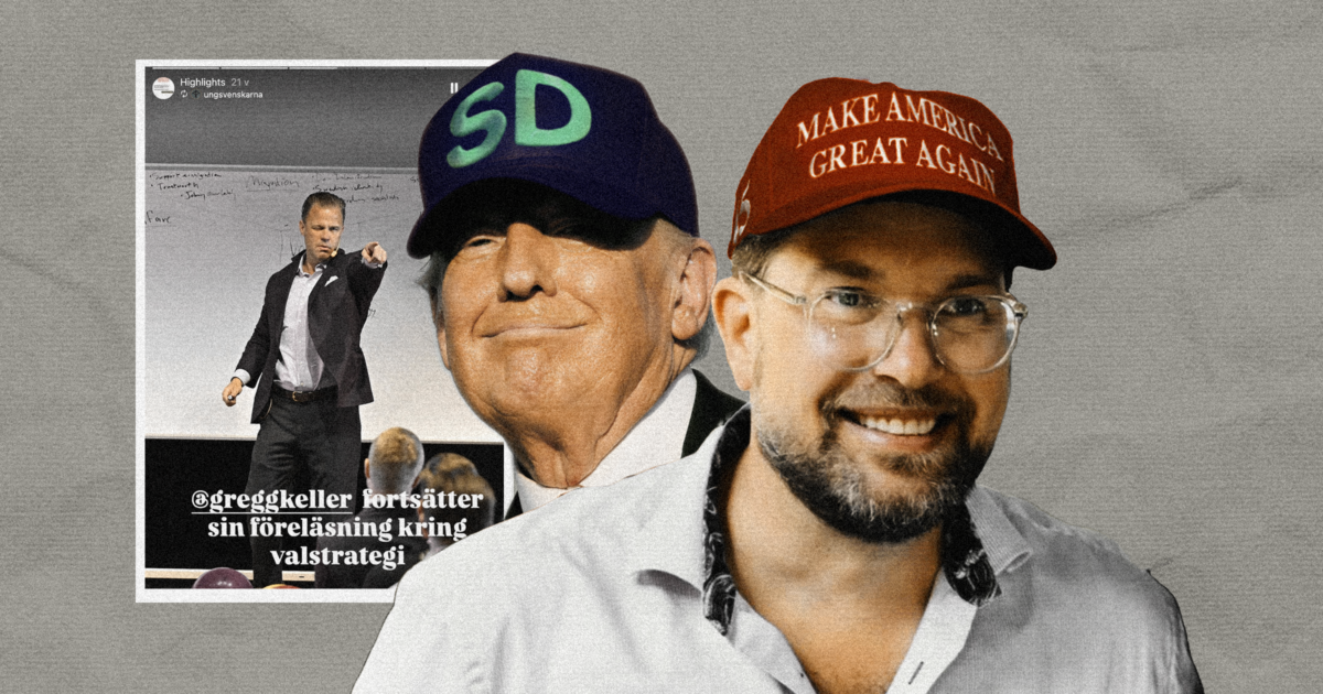 Gregg Keller i bakgrunden. Trump och Åkesson i kepsar framför.