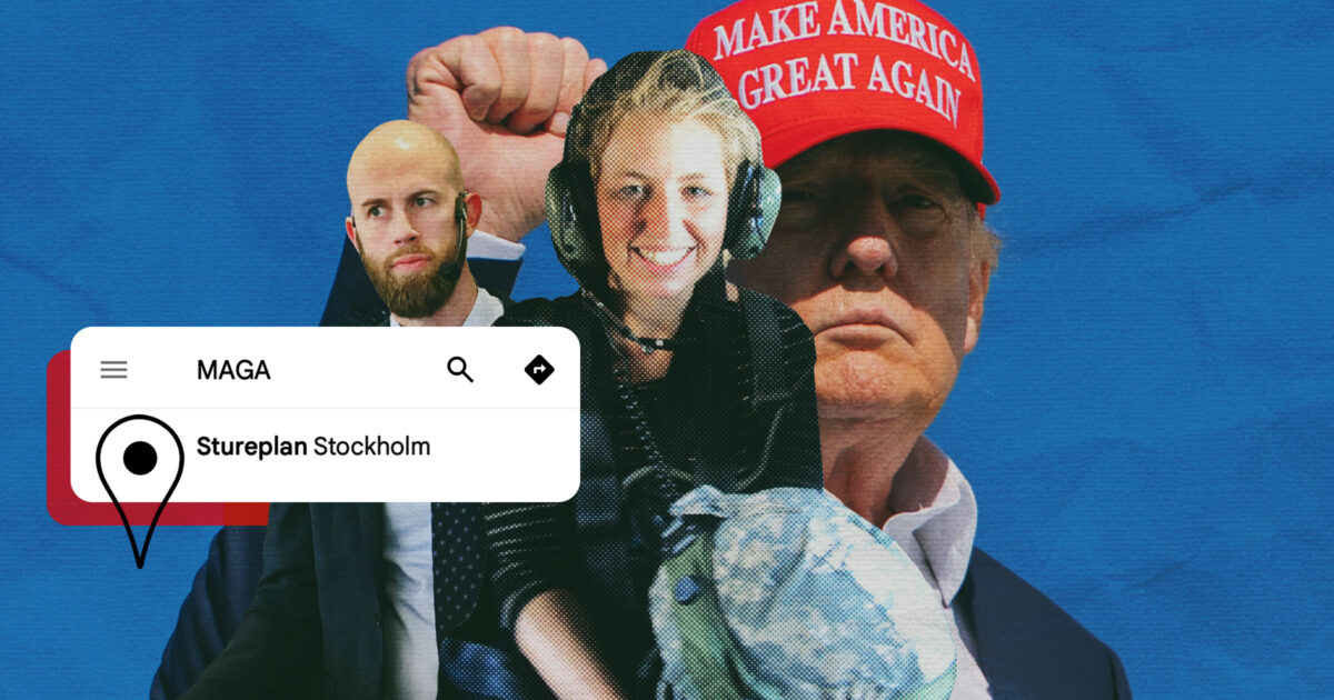 Katie Hagström och Carl-Oskar Bohlin (M) med Donald Trump i bakgrunden.