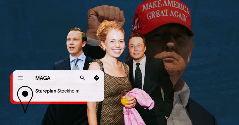 Katie Hagström, Elon Musk, Tobias Andersson (SD) och Donald Trump framför riksdagen. Kläggets montage.