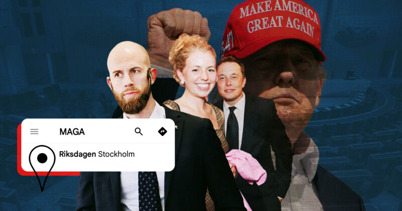 Carl Oscar Bohlin, Katie Hagström, Elon Musk och Donald Trump framför riksdagen. Kläggets montage.