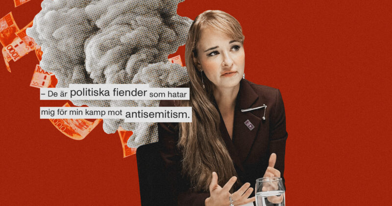 Alice Teodorescu Måwe (KD), rökridå och pengar i bakgrunden. Kläggets montage.