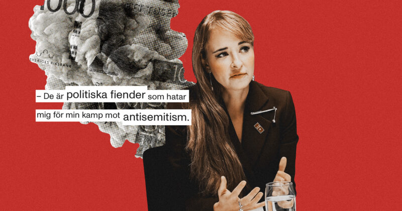 Alice Teodorescu Måwe (KD), rökridå och pengar i bakgrunden. Kläggets montage.